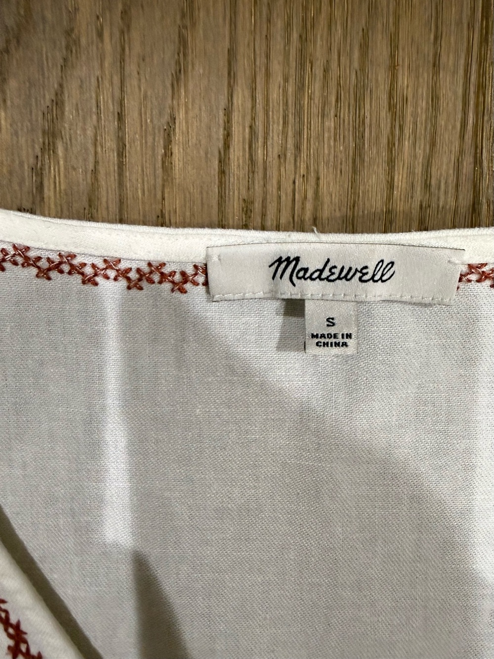 Madewell Embroidered-Sleeve Popover Linen Cotton Midi Dress White Rust Red - Picture 4 of 9
